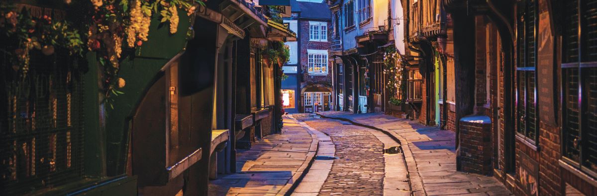 A dark and spooky image of the shambles in York